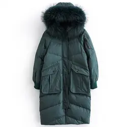 Утепленная зимняя куртка-пуховик Для женщин натуральный мех енота большой меховой воротник пуховик женский Принт парка с капюшоном 2019 Для