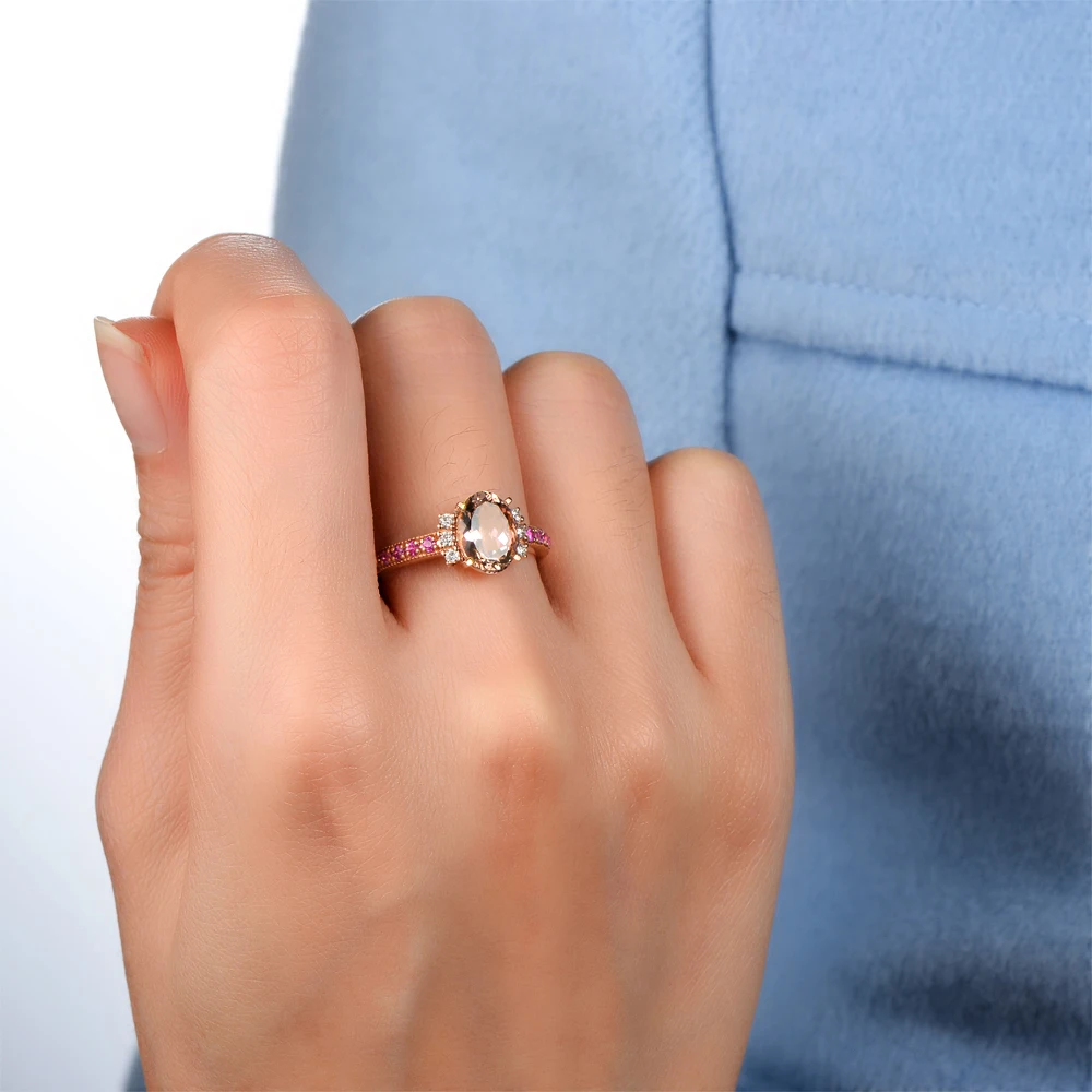 CaiMao 18KT/750 Rose Gold 1.78 ct Natural Morganite 0.12ct Round Cut Diamond 0.17ct Pink Sapphire Engagement Ring Jewelry