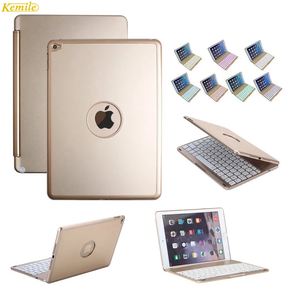 Kemile 7 Colors LED Backlit Wireless Bluetooth Keyboard Cover For New iPad 2017 9.7 Aluminum Alloy Cover for iPad air 2 9.7 Case