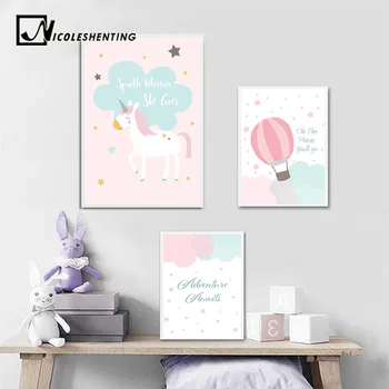 

Baby Girl Nursery Wall Art Canvas Posters Prints Cartoon Unicorn Painting Nordic Kids Decoration Picture Children Bedroom Decor
