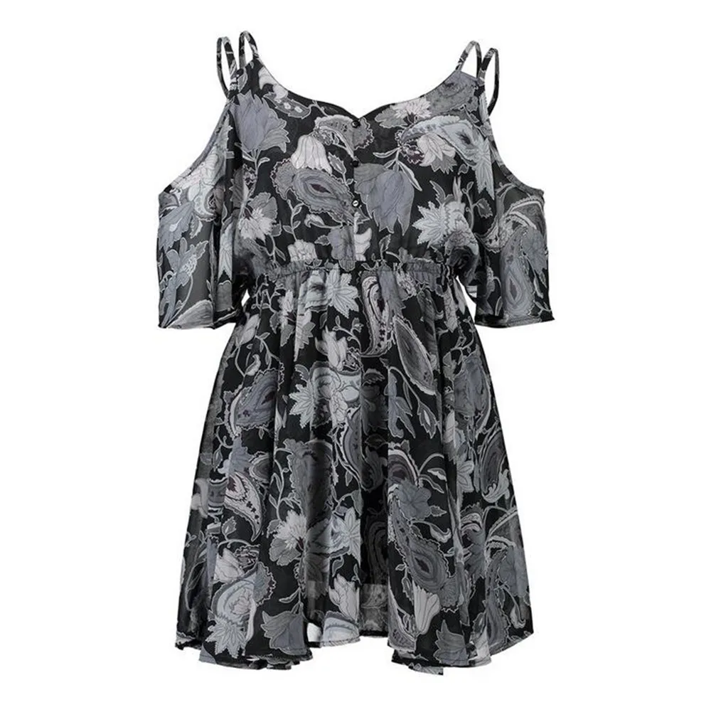 Casual Beach Dress Cold Shoulder ruffle print Summer dresses women High waist strap chiffon beach dress Boho party sexy dresses (17)