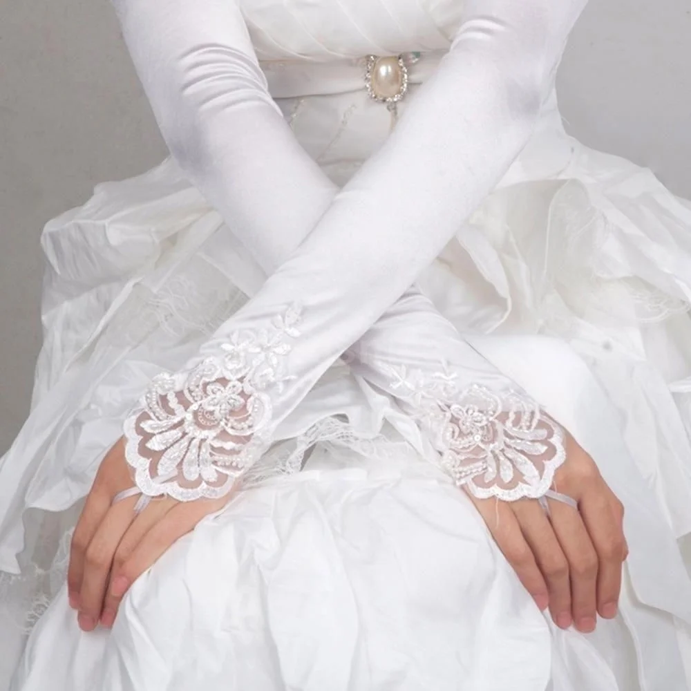 

Long White lace Bride Satin Gloves Fingerless Party Costume Bridal Dress