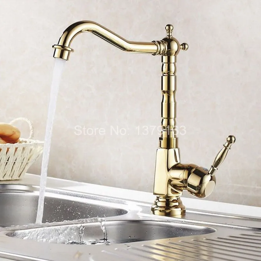 Golden Brass Kitchen Sink Faucet One Hole/Handle Modern Gold Color Mixer Taps Swivel Spout agf031