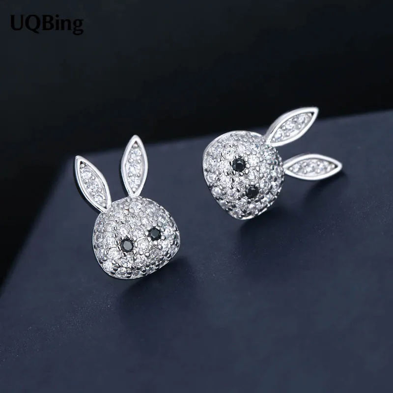 Модные 925 пробы серебряные серьги-гвоздики в форме кроликов с кристаллами