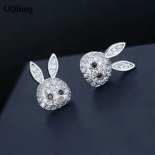 Модные 925 пробы серебряные серьги-гвоздики в форме кроликов с кристаллами