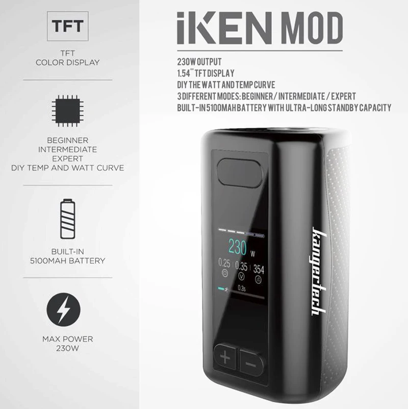 Стартовый набор KangerTech IKEN с цветным дисплеем AKD 230 Вт 5100 мАч бак атомайзера 4 мл SSOCC SS