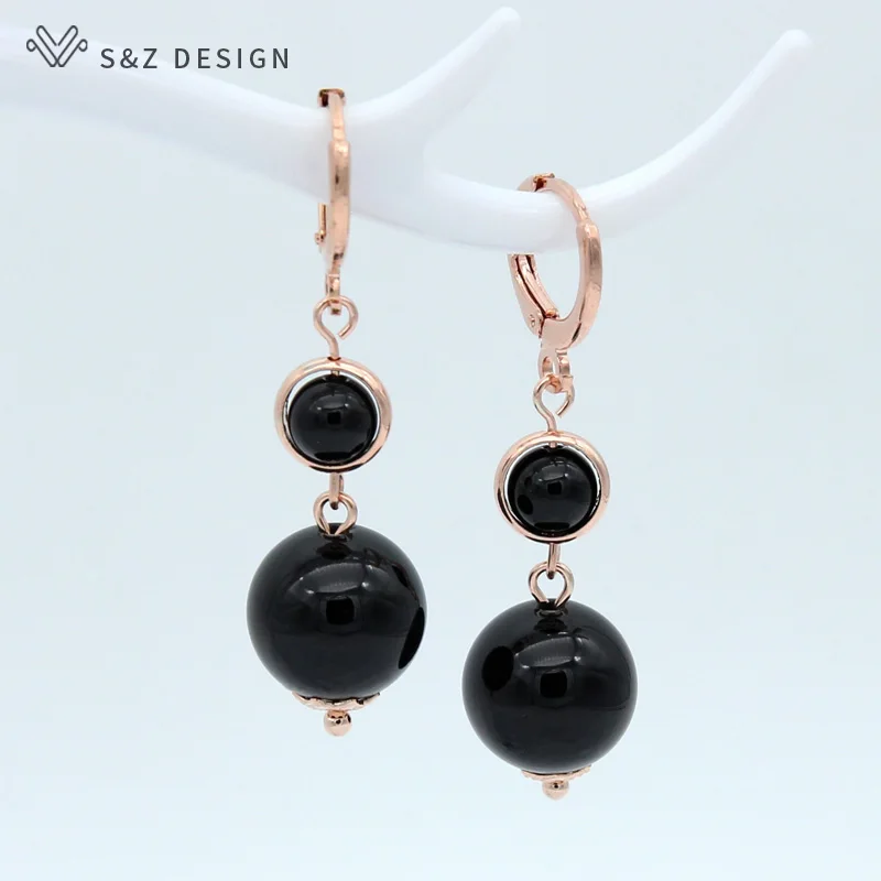 S&Z DESIGN New Long Round Black Agates Turquoises Dangle Earrings 585 Rose Gold Color Eardrop For Women Party Jewelry Gift