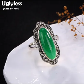 

Uglyless S925 Sterling Silver Women Bohemian Rings Luxury Natural Chalcedony Ring Personalized Big Finger Ring Marcasite Jewelry