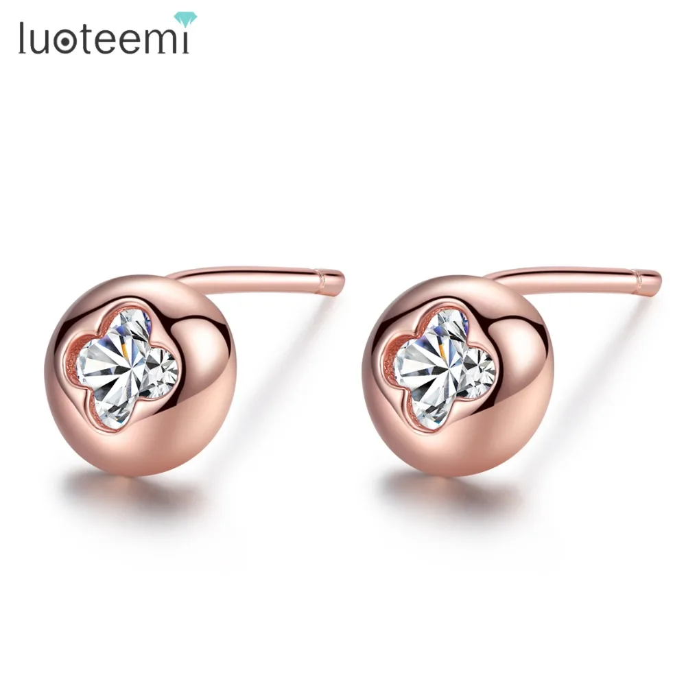 

LUOTEEMI Wholesale Rose Gold Color Round Inset Clear Cubic Zirconia Lady Luxury Stud Earrings For Women Charm Bijoux Earring