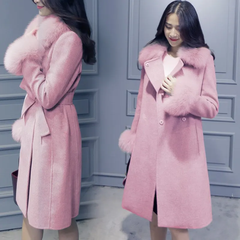 Новинка, осенне-зимнее женское модное тонкое плотное теплое пальто с меховым воротником, Элегантное длинное шерстяное пальто с поясом, 3 цвета - Цвет: Розовый