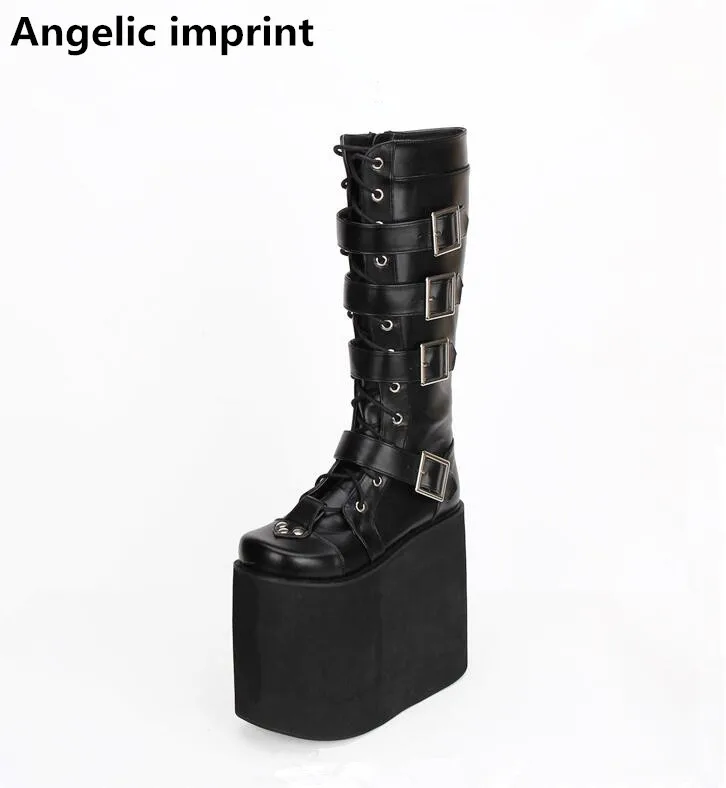 Angelic imprint mori girl/женские мотоциклетные ботинки; Женские ботинки в стиле Лолиты в стиле панк; женские туфли-лодочки на очень высоком каблуке; Туфли на танкетке; 20 см; с заклепками; 46