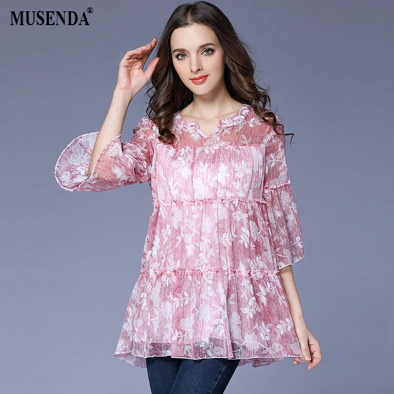 

MUSENDA Plus Size Women Pink Print Chiffon Lining Loose Tops Blouse 2018 Spring Female Lady Casual Fashion Shirt Clothing