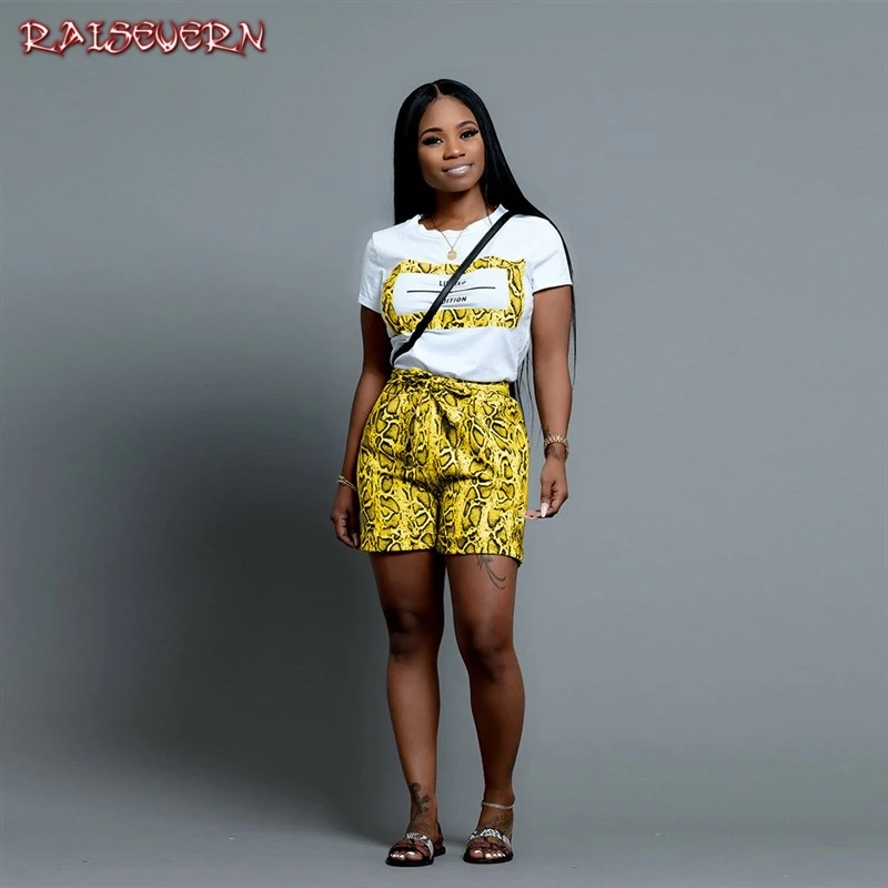 

Women Snakeskin Print 2 Pieces Sets Summer Short Sleeve T Shirt Casual Shorts Red/Orange Tracksuit Outfits Plus Size S-3XL 2019