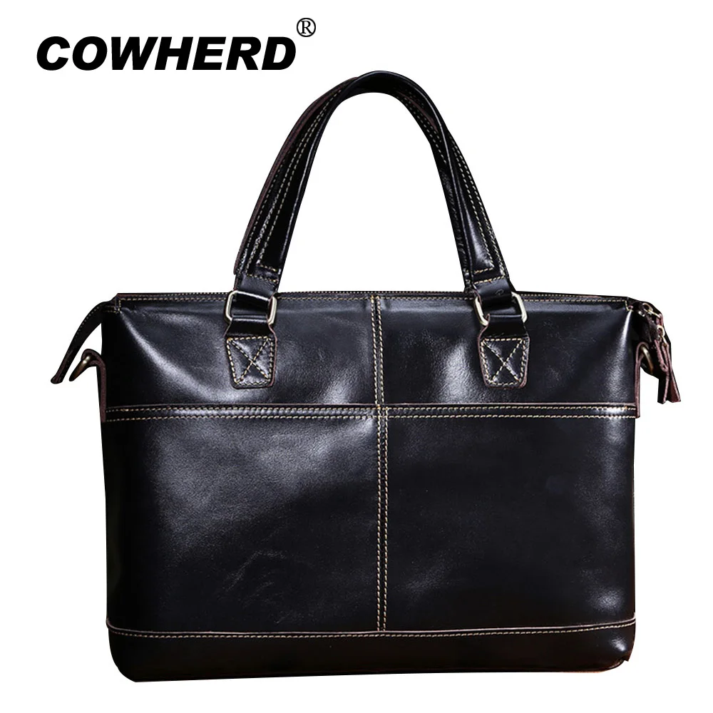 

COWHERD Genuine Leather Bag Men Horizontal Laptop Tote Business Briefcases Crossbody Bags Messenger Handbag With Thread Pattern
