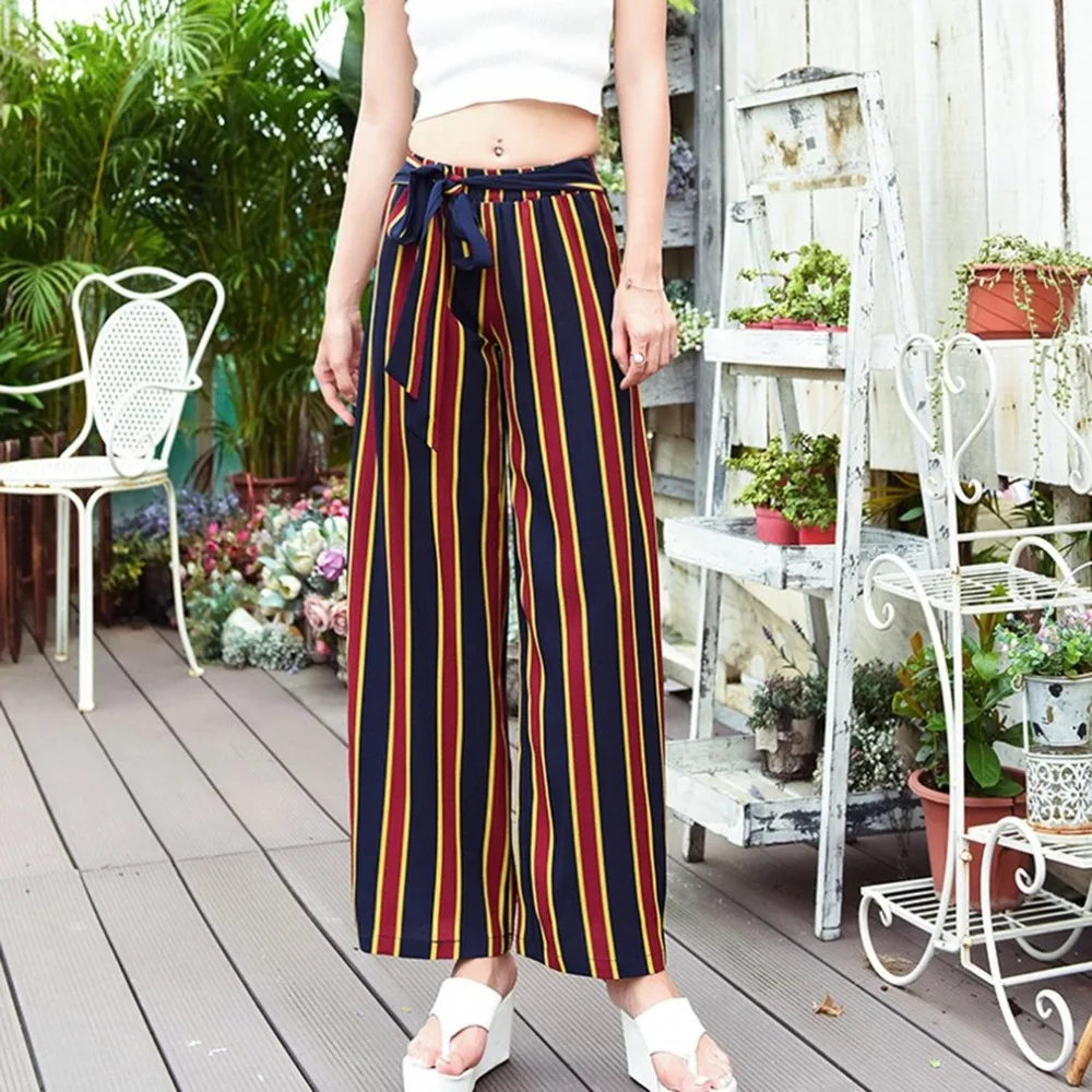 

Women Beach Striped Design Chiffon Wide Leg Pants Vintage Loose High Waisted Beach Pants with Tie Closure for Women