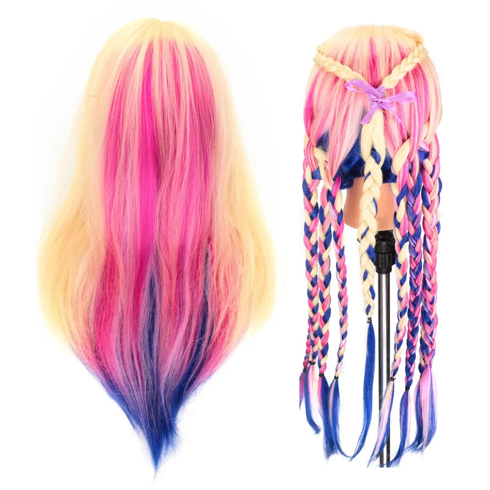 

Synthetic Rainbow Pink Hair Training Mannequin Head For Braiding Hairstyles Colorful Female Hairdressing Doll Heads With Clamp