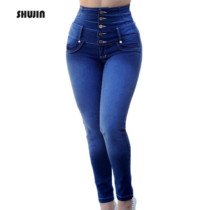 

SHUJIN Spring Women Stretch High Waist Casual Wtraight-breasted Jeans Female Solid Pants Female Denim Bottoms 2019