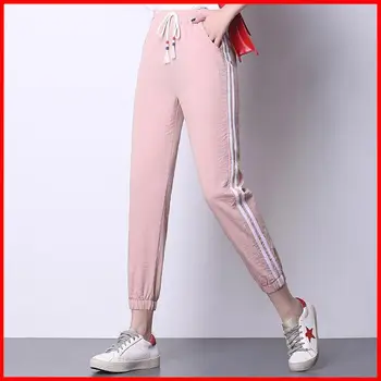 

Drawstring Linen Harem Pants For Woman 2019 Summer Loose Casual Sweatpants Pink Black Blue Female Striped Pants Femme Thin Pants
