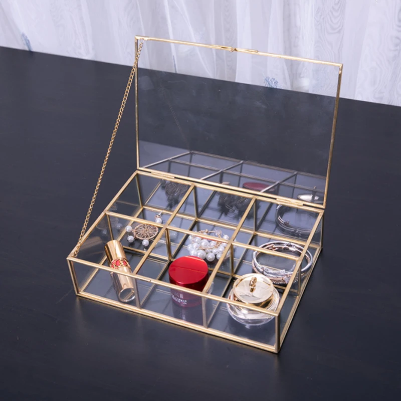 

Vintage Old Copper Classic Square Six-Frame Glass Jewelry Box European Jewelry Accessories Cosmetics Storage Box 23*16*6CM