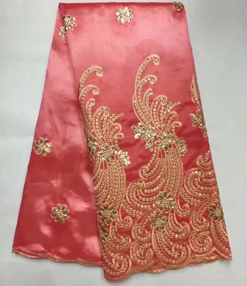 

Free shipping (5yards/pc) smooth peach African lace george lace fabric with gold sequins embroidery for party dress GLB01