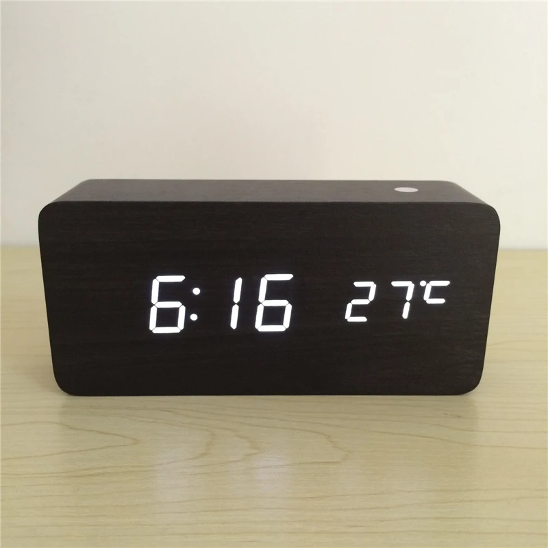 Акустический календарь управления термометр с сигнализацией деревянные часы со светодиодным дисплеем Цифровой настольный часы с секундной xyzTime-6035-Black-Clock