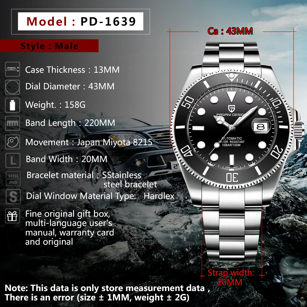 Cena PAGANI projekt 1639 marka luksusowe mężczyźni zegarki automatyczne czarny zegarek mężczyźni stali nierdzewnej wodoodporny biznes zegarek mechaniczny