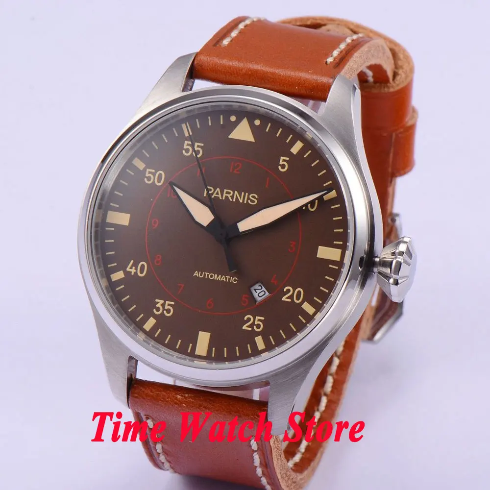 

47mm parnis coffee dial luminous date window brown leather strap MIYOTA automatic movement men's watch 580