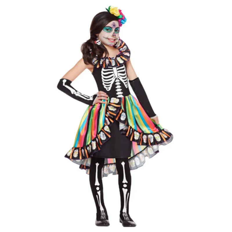 

Kids Girl Scary Sugar Skull Costume Skeleton Queen Cosplay Costume Halloween Day of the Dead Clothes