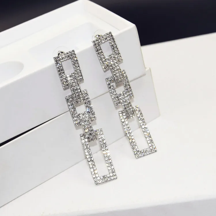 

New Popular Chic Fashion exaggerated Long Luxury Full Sparkly Rhinestone Geometric Dangle Earring Women Party Fine Jewelry
