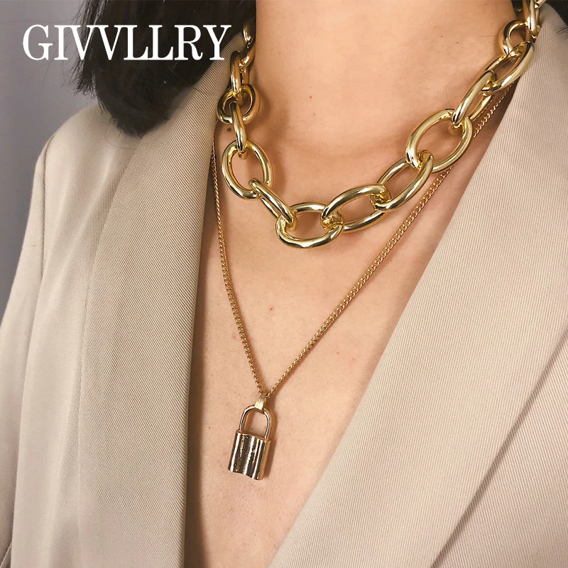 

GIVVLLRY Women Jewelry Silver Color PadLock Pendant Necklace Gold Silver Lock Charm Rolo Cable Chain Necklace Friendship Gifts