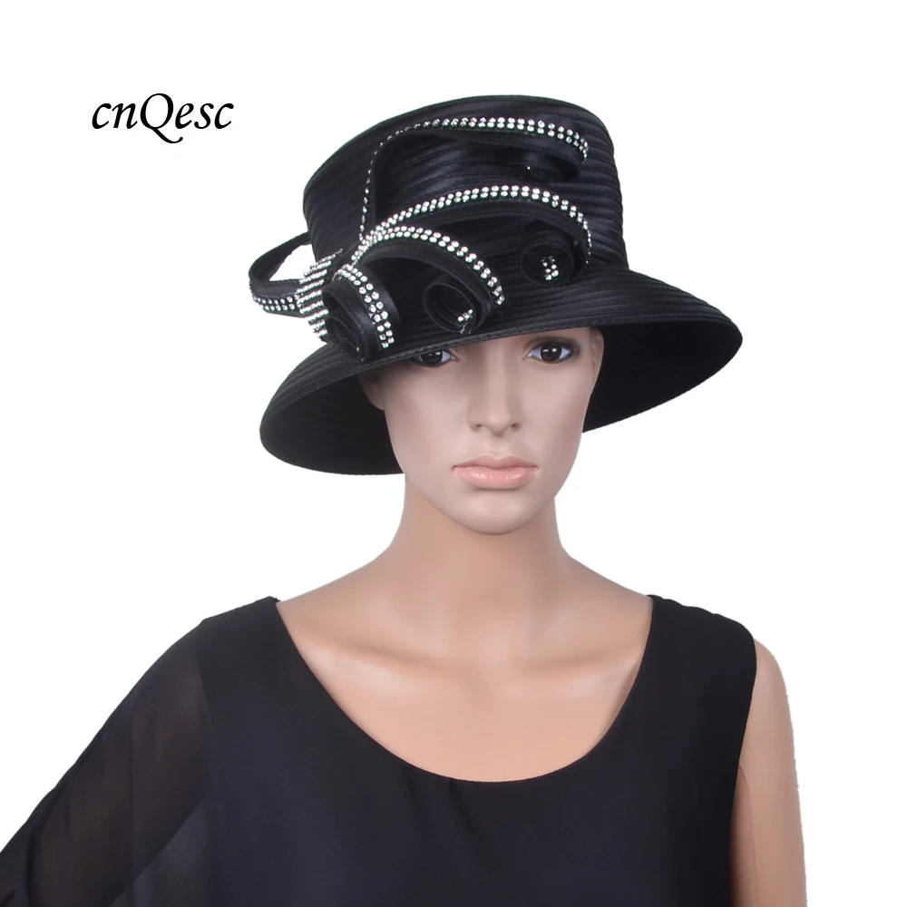 NEW Black Church Hat satin fedora with Rhinestones for Kentucky Derby,weddingin Women's Fedoras