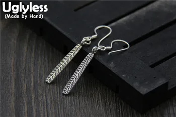 

Uglyless Real S925 Thai Silver Handmade Leaf Dangle Earrings for Women Ethnic Vulcanized Black Silver Stripe Brincos Fine Bijoux