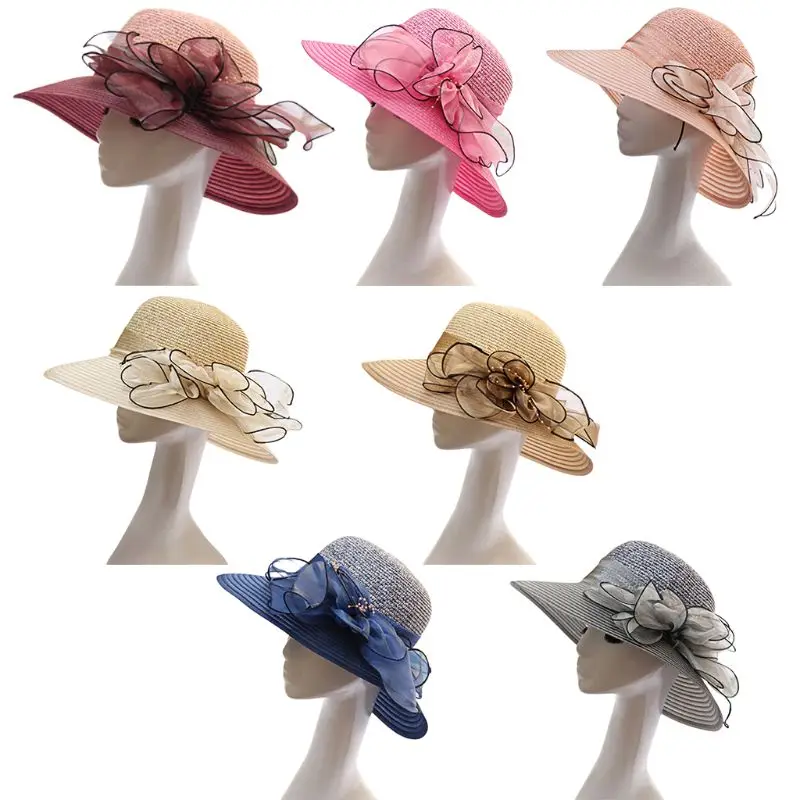 

Ladies Church Derby Fascinator Hat Contrast Color Big Flower Wide Brim Sunscreen Tea Party Vintage Wedding Sun Visor Bucket Cap