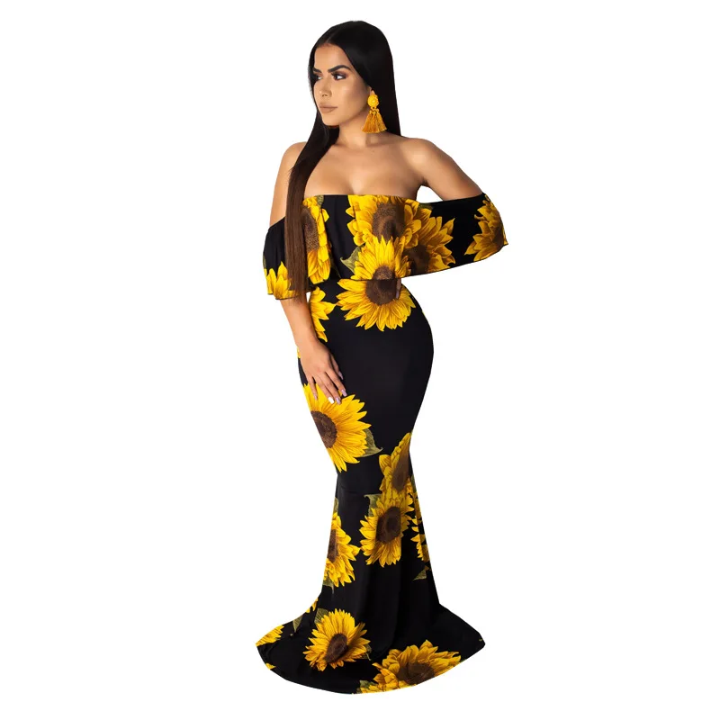 

Bohemian Floral Print Bodycon Long Dress Women Elegant Ruffles Strapless Off Shoulder Maxi Dress Sexy Beach Summer Dress Vestido