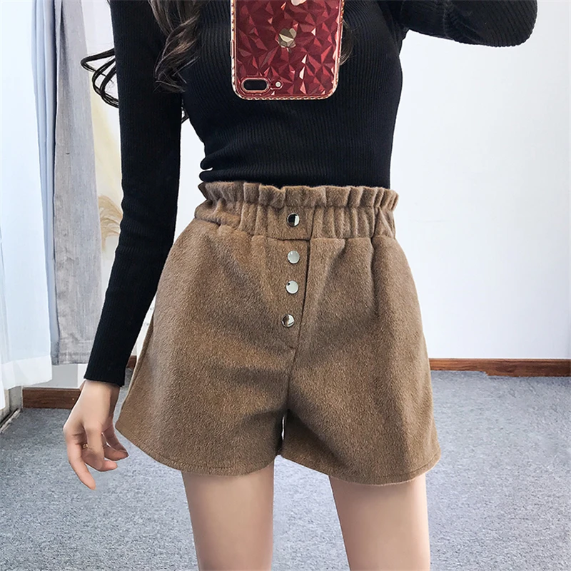 

OllyMurs New Elastic High Waist Shorts Imitation Mink Cashmere Women Loose Wide Leg Short Pants Autumn Winter Casual short femme