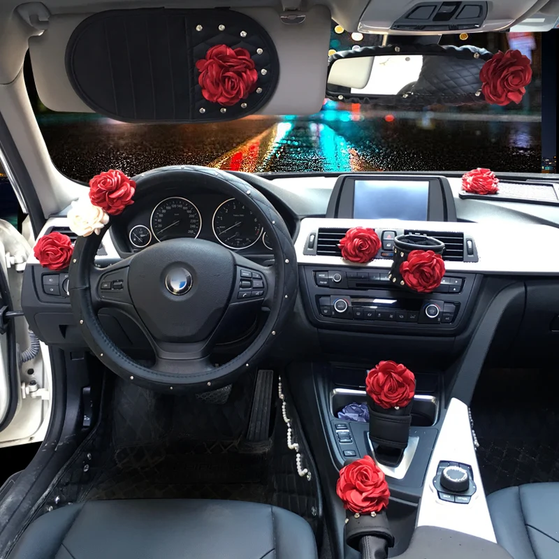 Red Rose Flower Car Interior Accessories Leather Steering Wheel Cover