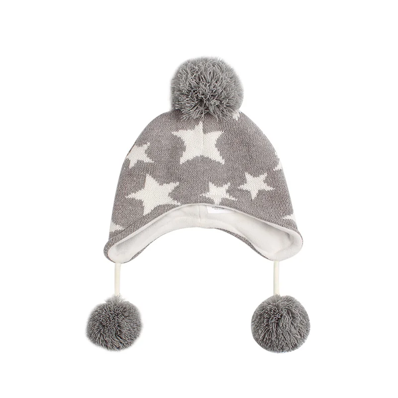 Star Fashion Knit Kids Hat Winter Warm Children Beanie Ear Protect Kids Hat With Pompom Star Pattern Baby Girls Beanie Hat  (15)