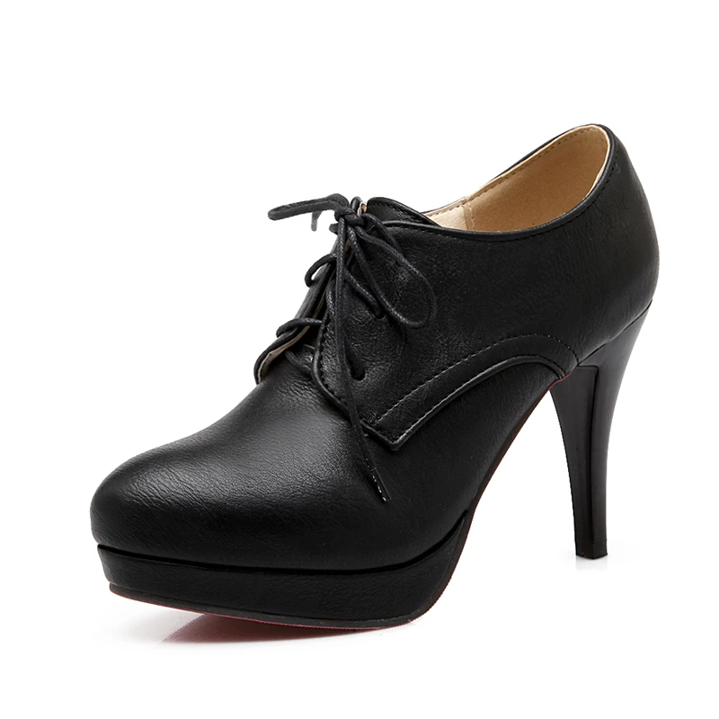 Karinluna/ г., лаконичные женские туфли абрикосового цвета на шнуровке для отдыха весенние повседневные туфли-лодочки на высоком тонком каблуке Женская обувь для офиса - Цвет: Черный