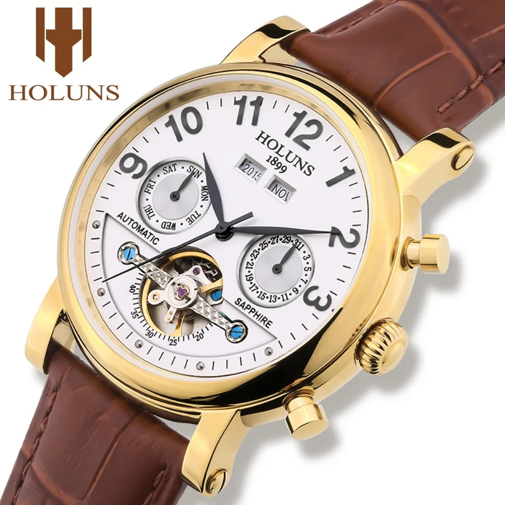 Часы наручные мужские механические золотистые с кожаным ремешком|watch brand|watch