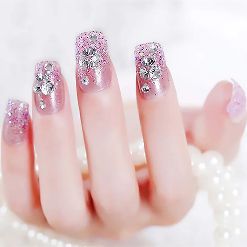 

Artificial French Style Long False Nails Flower Design Glitter Nail Art Tips with Glue Girls Sweet Light Purple Color Fake Nail