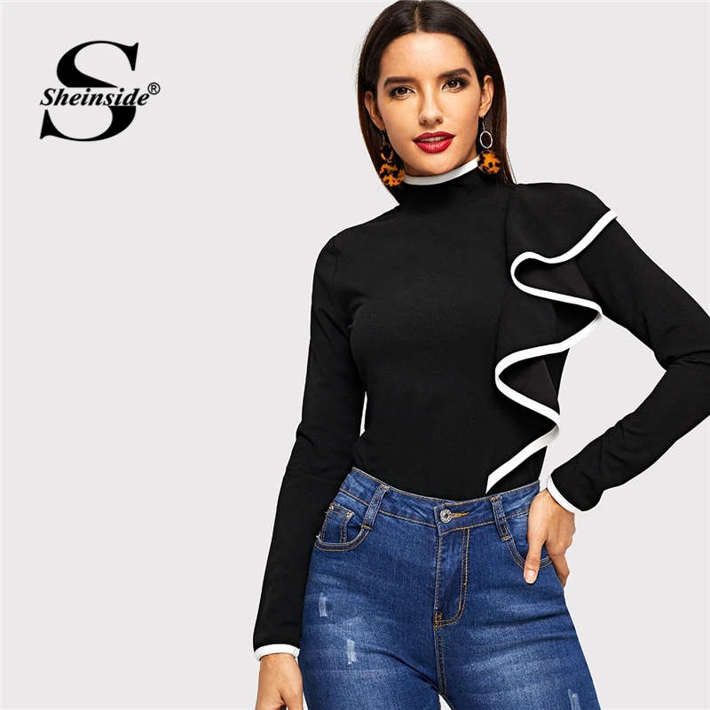 Sheinside черные офисные женские Топы И Футболки Для Девочек контрастная Привязка с оборками отделка для женщин футболка Водолазка Элегантный для женщин s топ с длинными рукавами купить на AliExpress