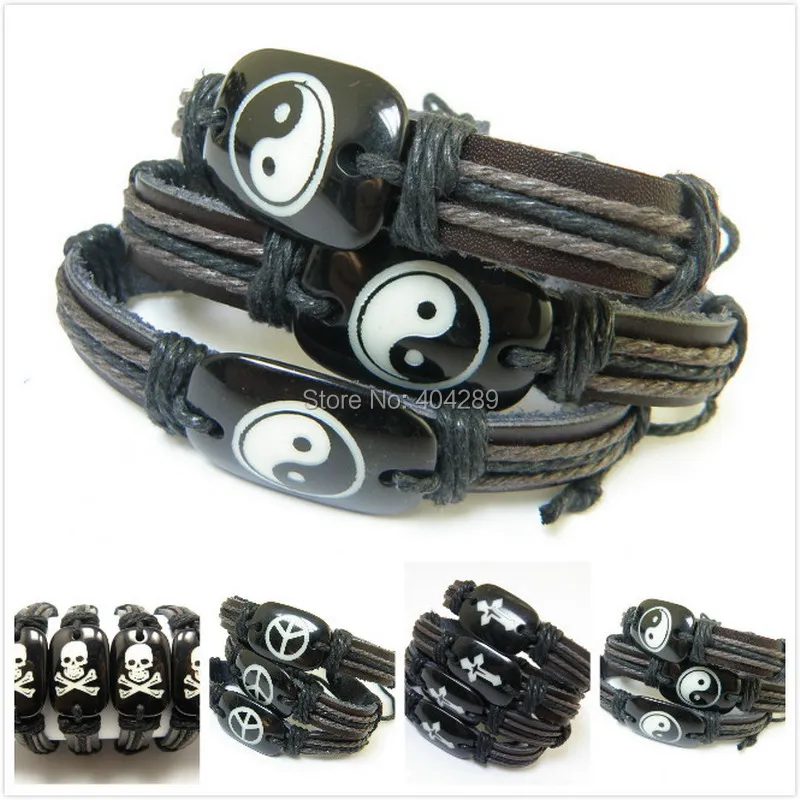 

1 pcs Handmade Wolf Head Leather ID Bracelet Bangles,Dragon Yin Yang Cross Peace Surfer braclet Dropshipping