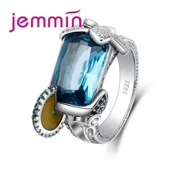 Jemmin Новое поступление изысканный ремесло Модные женские большой синий Squre творческие украшения кольцо из стерлингового серебра 925