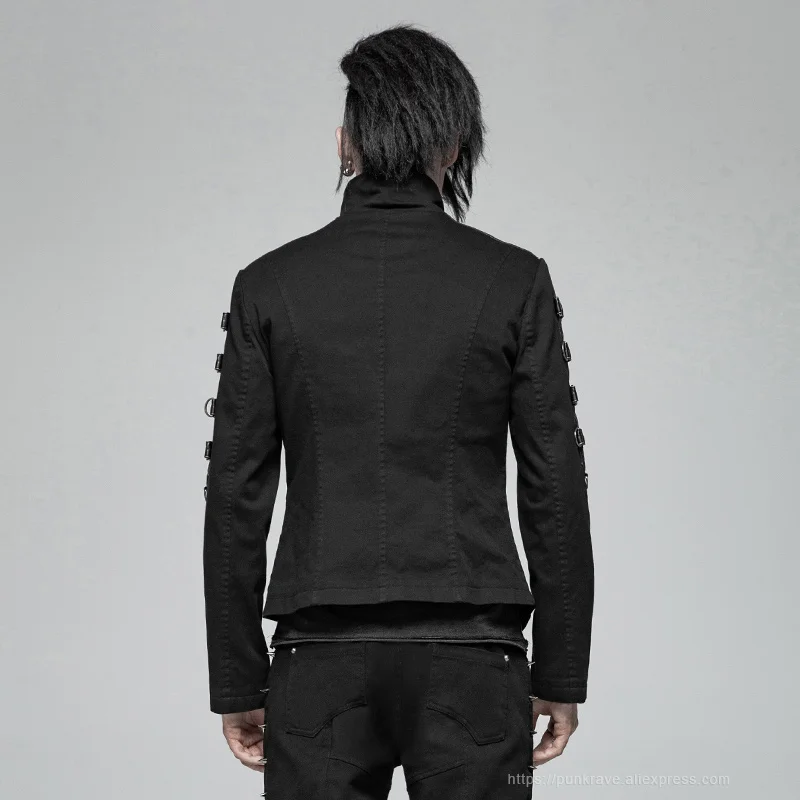 PUNK RAVE Men's Punk Jackets Handsome Asymmetric Twill Short Coat Casual Jacket Both Sides Sleeve Stitching Streetwear