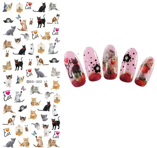 1 лист, животное, милый кот, собака, искусство ногтей, водная наклейка, кролик, маникюр, переводная вода, наклейка, обертывание, украшение для ногтей, аксессуар - Цвет: DS-302