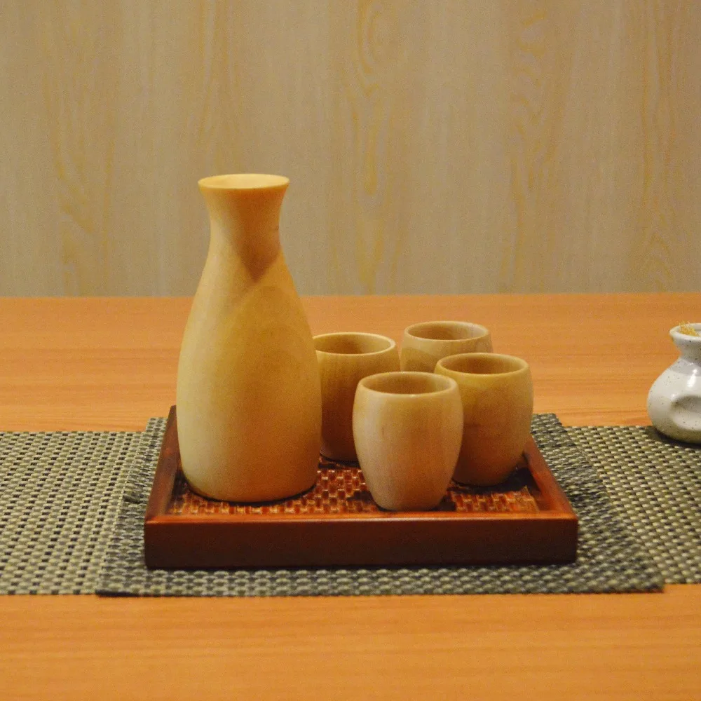Japanese Sake Wine Cup Pot Set Wooden Glass 4pcs Cup With 1pcs potin