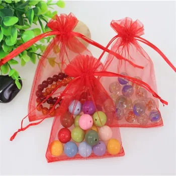 

Wholesale 100pcs/lot 11*16cm Red Wedding Candy Packaging Pouches Tulle Drawstring Organza Christmas Gift Bags