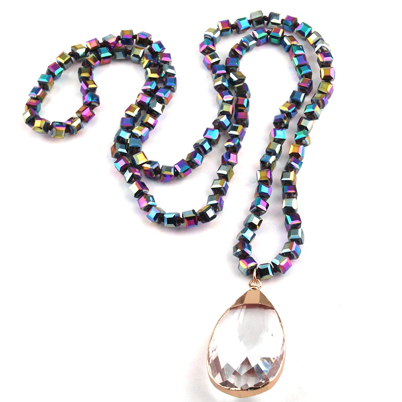 Free Shipping Fashion Bohemian Jewelry 6mm Square Glass Long Knotted Glass Drop Pendant