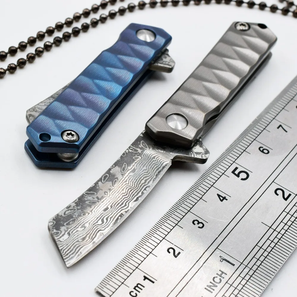 

Mini Folding Knife Paper Out Of The Box Pocket Knife Carry Key Ring Necklace Titanium Damascus EDC Tools Survival Camping Knives