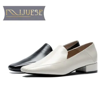 

MLJUESE 2019 women pumps autumn spring soft cow leather square toe slip on black color high heels lady shoes party dress wedding